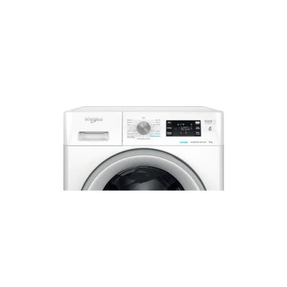 Pannello di controllo moderno e display digitale di una lavatrice Whirlpool bianca