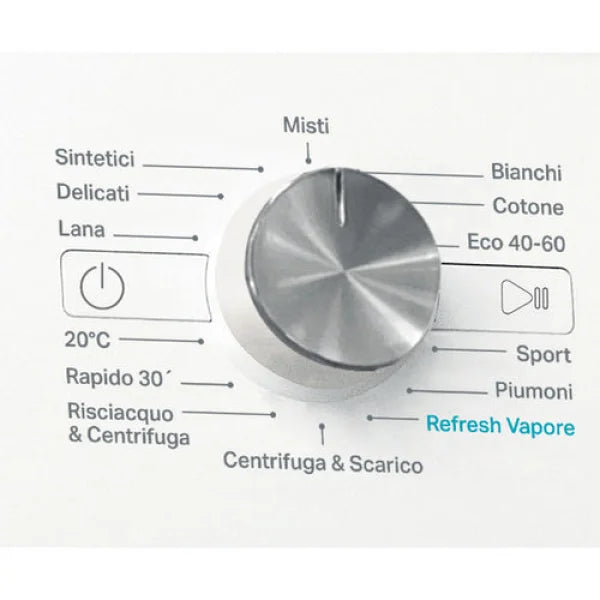 Dettaglio manopola con programmi di lavaggio della lavatrice Whirlpool in acciaio e bianco