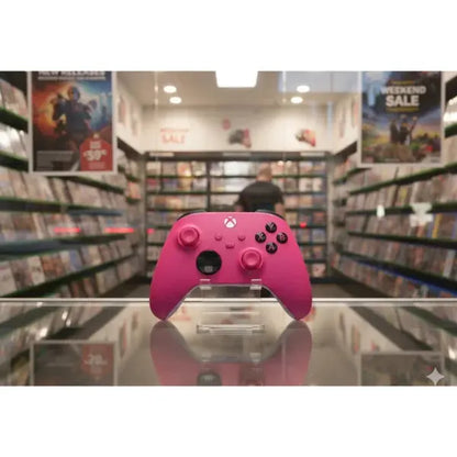 Controller Xbox rosa in primo piano su un tavolo con sfondo di videogiocchi in vendita