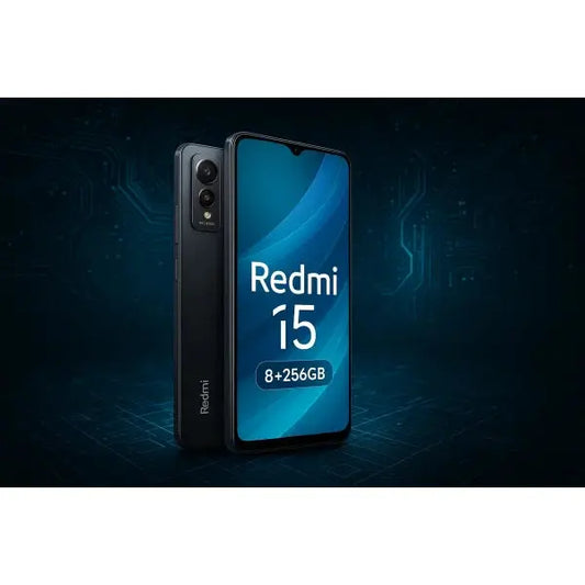Xiaomi Redmi 15 8+256GB 6.9" Midnight Black DS Wind3 con sfondo elettronico e tecnologico