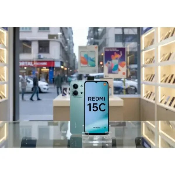 Smartphone Xiaomi Redmi 15c in verde con schermo che mostra il logo REDMI 15C in un negozio tecnologico