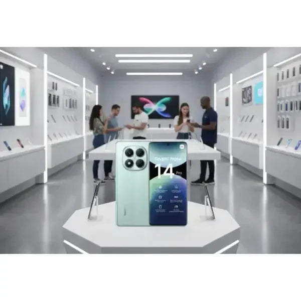 Smartphone Xiaomi Redmi Note 14 Pro in esposizione con design elegante e funzionalità avanzate