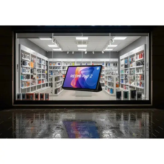 Vetrina di negozio con il tablet Xiaomi Redmi Pad 2 in evidenza tra vari accessori tecnologici