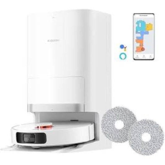 Xiaomi Robot Vacuum bianco con base di ricarica e due panni mop per pulizia efficace
