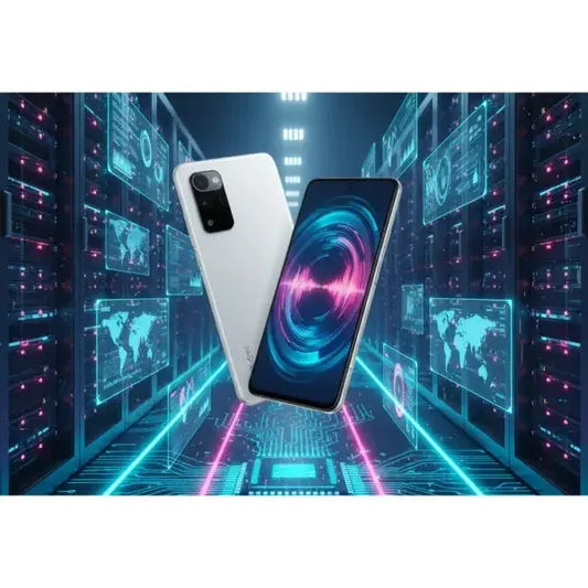 Smartphone Xiaomi in bianco con display vibrante e design moderno in sfondo futuristico