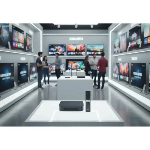 Accessori TV Xiaomi esposti in un negozio moderno con vari modelli di televisori