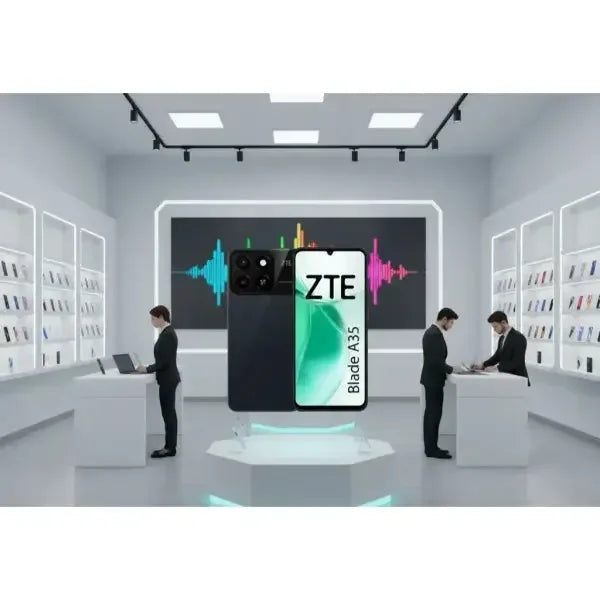 Smartphone ZTE Blade A35 con design elegante e prestazioni elevate, mostrato in un negozio moderno