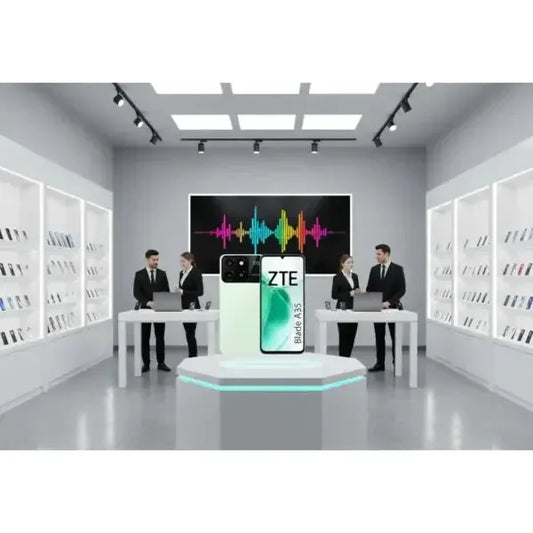Smartphone ZTE Blade A35 con display elegante in un negozio di elettronica moderno