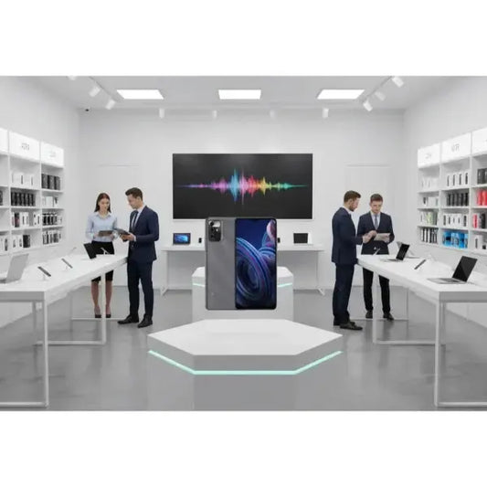 Smartphone ZTE Blade A72 esposto in un negozio di elettronica moderno con altri dispositivi in mostra